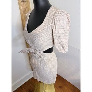 Zara Womens Linen Blend Cut Out with Bow Mini Dress Size XS White Puff Sleeve